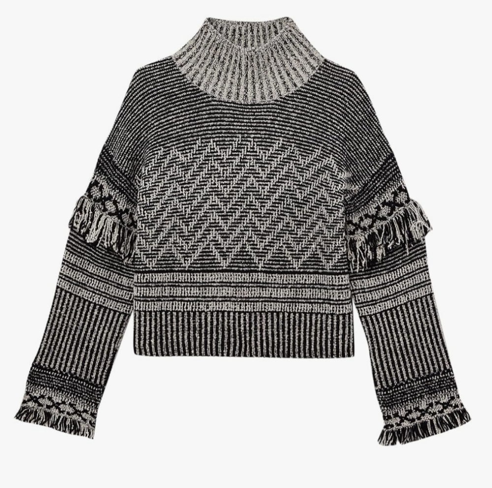 Small Black White Club Monaco Women’s Bouclé Fringe Turtleneck Sweater
